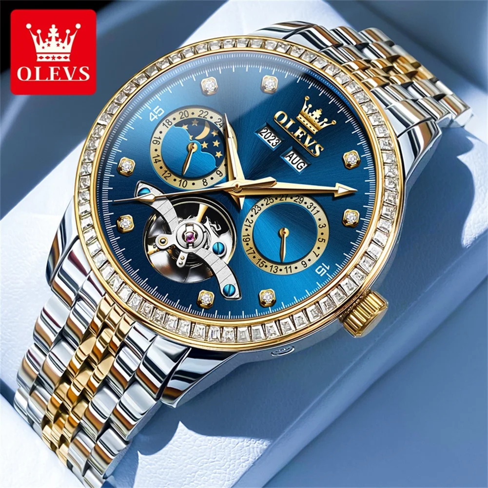 

OLEVS Men's Watches Top Brand Luxury Automatic Mechanical Wristwatch Original Self-winding Flywheel Movement Calendar Moon Phase
