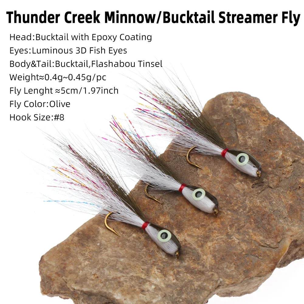 Vampfly 1pc/2pcs #8 Thunder Creek Minnow Bucktail Streamer Fly Luminous 3D Fish Eye Small Baitfish Trout Bass Pike Fishing Lures