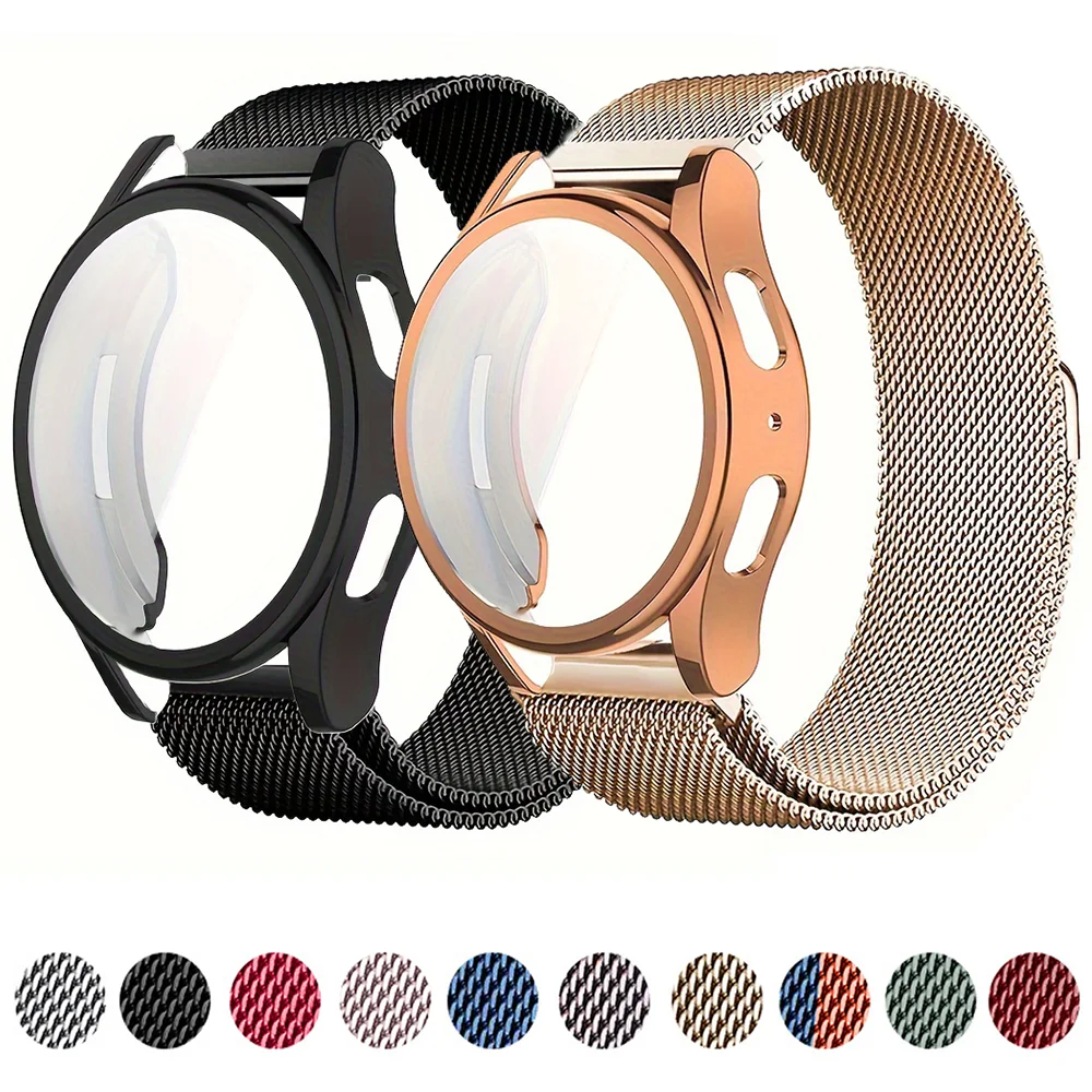 2 упаковки закаленного стекла + чехол + миланский ремешок-петля для Samsung Galaxy Watch 7, 6, 44/40 мм, ремешки, защитный чехол для экрана, аксессуары
