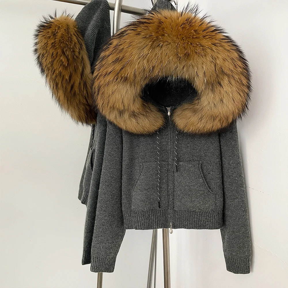 معطف الفرو الطبيعي كم طويل بلايز سترة للنساء متماسكة هوديي مع سترة كبيرة من فرو الثعلب الحقيقي سترة متماسكة جيوب بسحاب