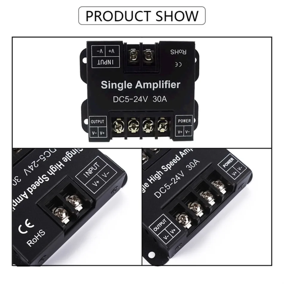 30A LED Amplifier DC 5V 12V 24V 1CH PWM Signal Sync Repeater Power Expander for Single Color COB Strip Light Dimmer Controller