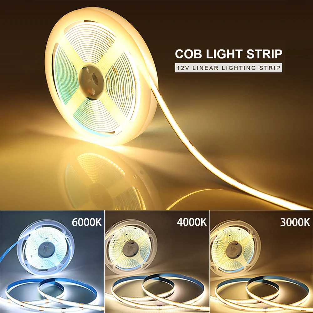 12V Cob ยืดหยุ่น Cool White, แสงธรรมชาติ, อบอุ่น, ไฟ LED Strip, ตู้, บาร์, เคาน์เตอร์, ห้องนั่งเล่น (ไม่มีแหล่งจ่ายไฟ