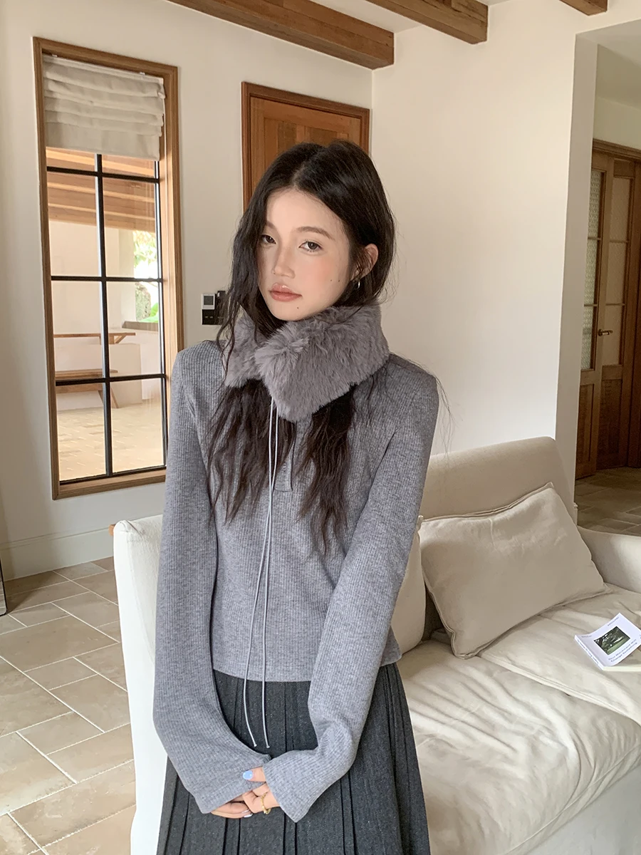 

Комплект из серого вязаного свитера и шарфа Linyunyun: облегающий, с длинными рукавами, высококачественный, повседневный стиль, модный женский комплект из двух предметов