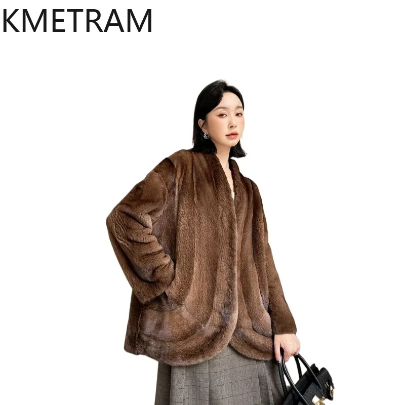 KMETRAM Real Purple Label Grade Mink Fur Jacket Women V-Neck Whole Mink Fur Coat Winter Mid-Length Coat Woman Clothing 70cm 2026