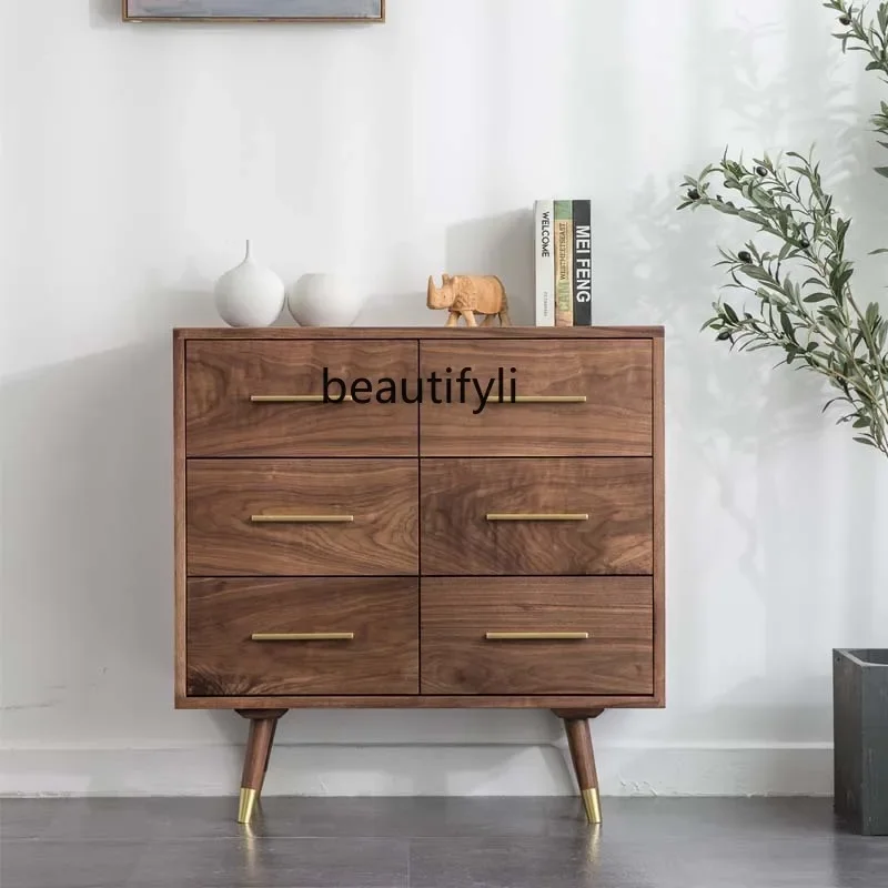 QSolid Wood Chest of Six Drawers Black Walnut Copper Leg Storage Cabinet Living Room Sideboard Cabinet