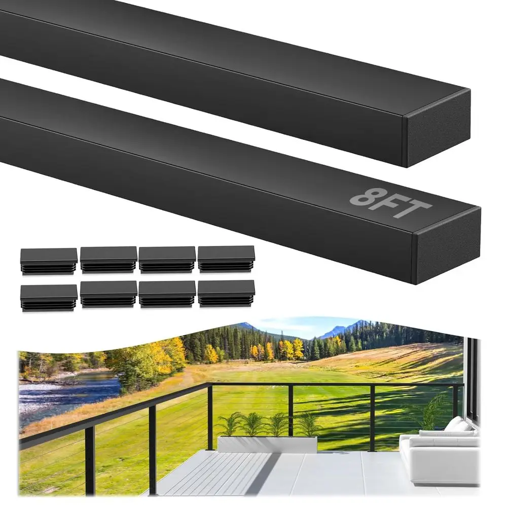 درابزين أسود T304 من الفولاذ المقاوم للصدأ، عبوتان مستطيلة، حاجز علوي مسطح قابل للقطع، 8 أغطية نهاية من النايلون للسطح الداخلي والخارجي S