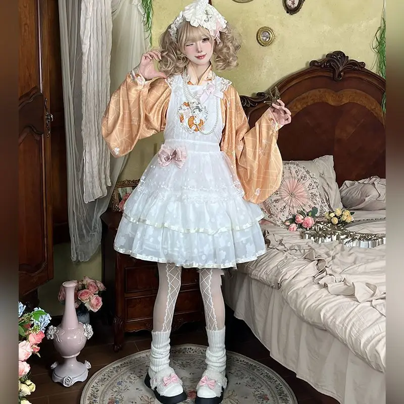 【Bread Rabbit】Chinese Lolita Style Hanfu Dress Set Autumn Sweet Top Embroidered Apron Dress Knitted Thick Shawl