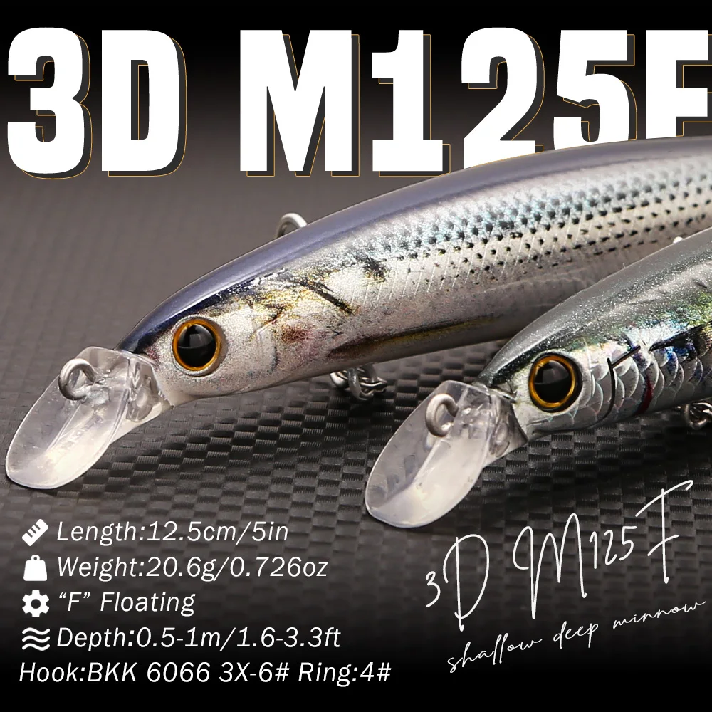B&U Long Casting Floating Minnow Lure - 3D Lifelike Hard Bait with Treble Hooks, Saltwater/Freshwater Lures for Bass SeaBass image 2