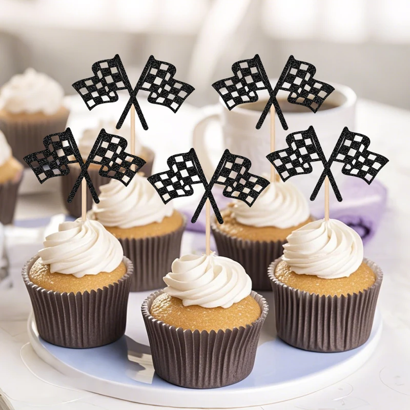 NUBECOM 24 Stück Karierte Rennflaggen-Cupcake-Topper Glitzer-Cupcake-Stecker Rennwagenflaggen Kuchen-Dekorationen für Geburtstage – Detail 10