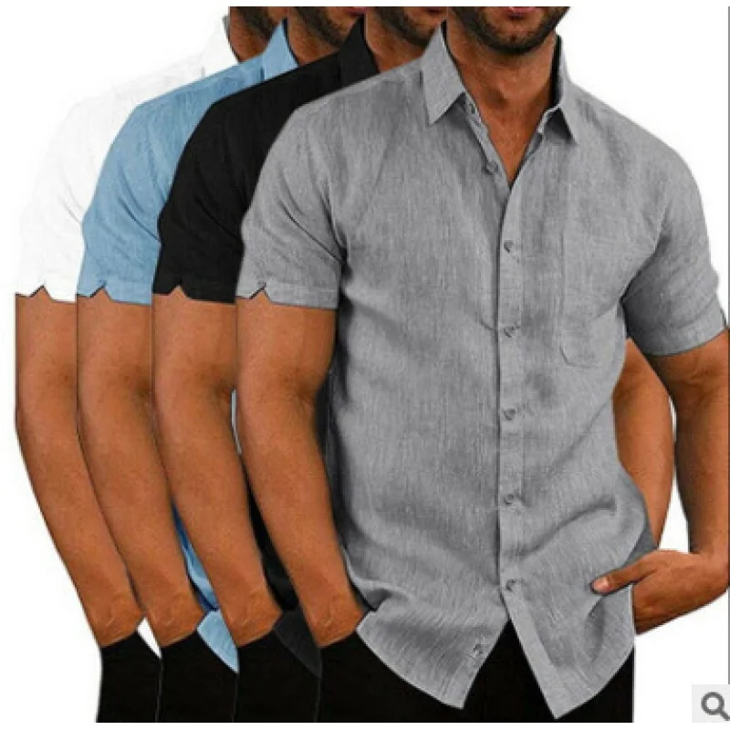 

CIGY-Hot Sale Summer Lapel Solid Color Short Sleeve Button Men's Linen Shirt Men's Clothing