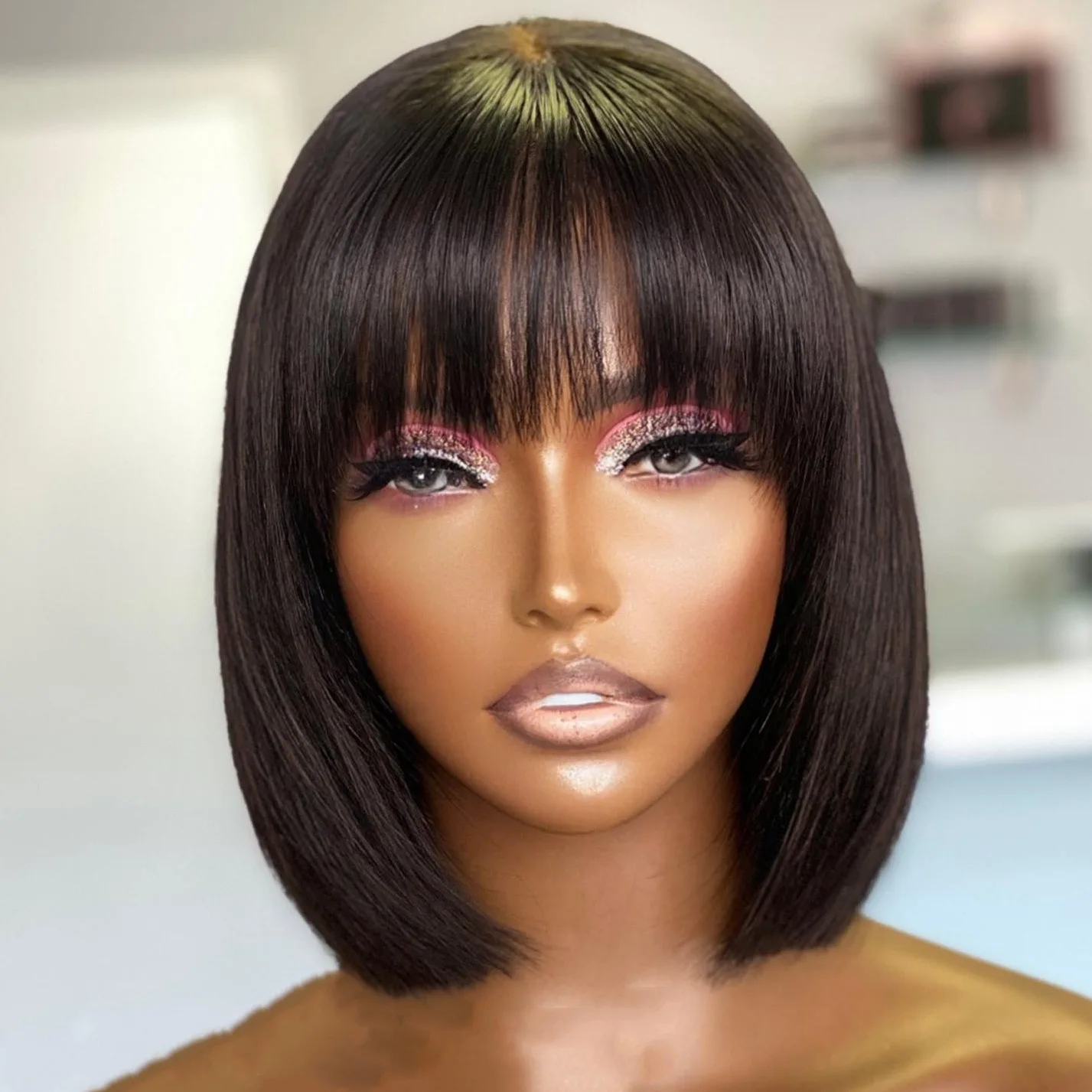 

New 10Inch 2x4 Glueless Bob Human Hair Wigs For Black Women With Bangs Brazilian 100% Human Hair Ready To Wear Daily Party Wigs.