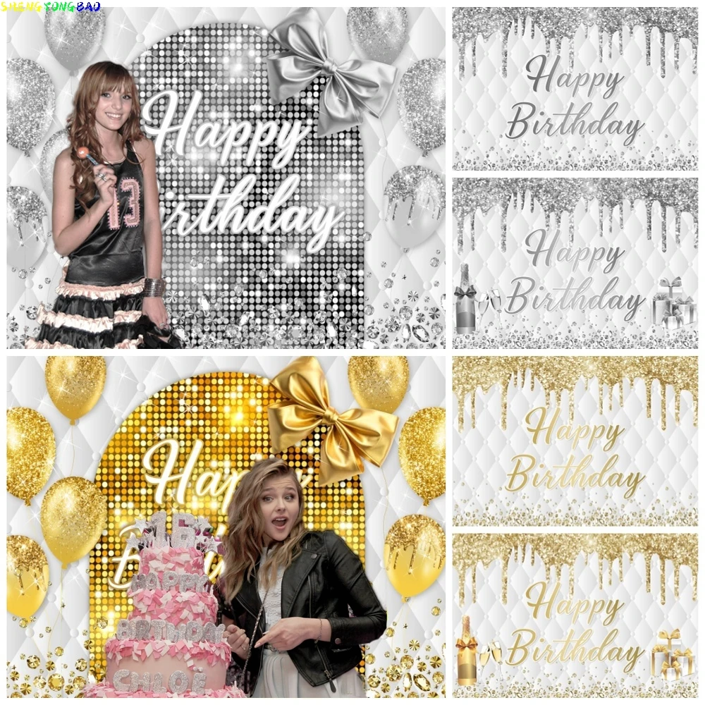 Geburtstagsparty-Dekorationen Fotohintergründe Silberne Goldene Glitzer-Ballons Individualisierter Geburtstags-Hintergrund-Dekor