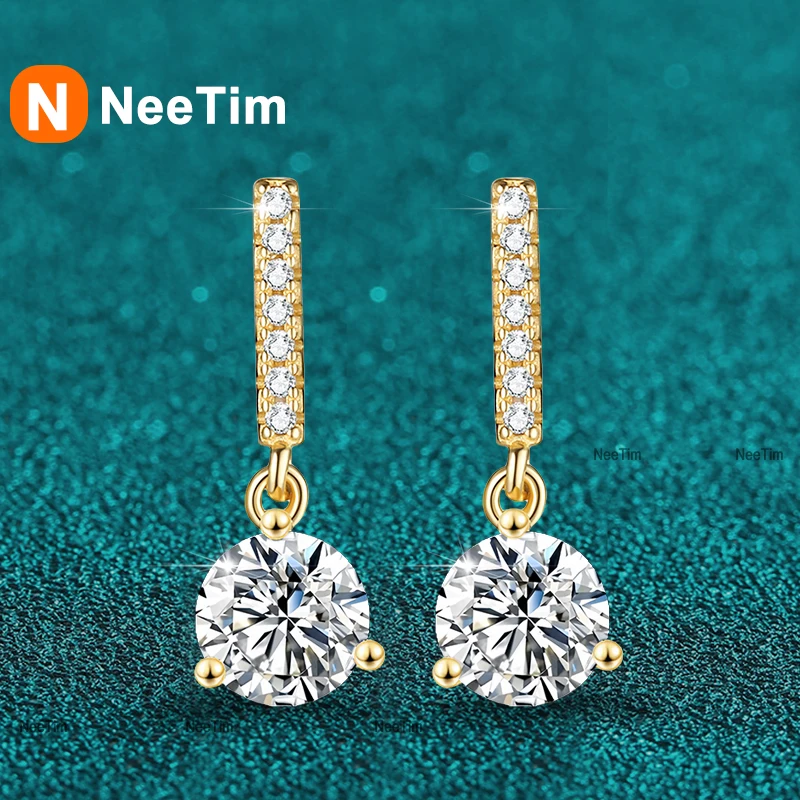 

NeeTim 1ct Moissanite Drop Earrings S925 Sterling Silver with Gold Plated Wedding Earring Lab Diamond Sparkling Designer Jewelry