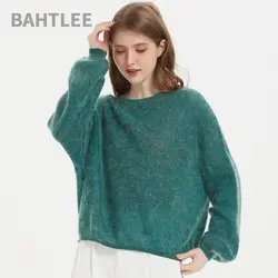 BAHTLEE-Women's Mohair Knitted Wool Sweater, Slash Neck, Lantern Sleeve, Short Style, Thin, Loose, Comfortable, Spring, Autumn