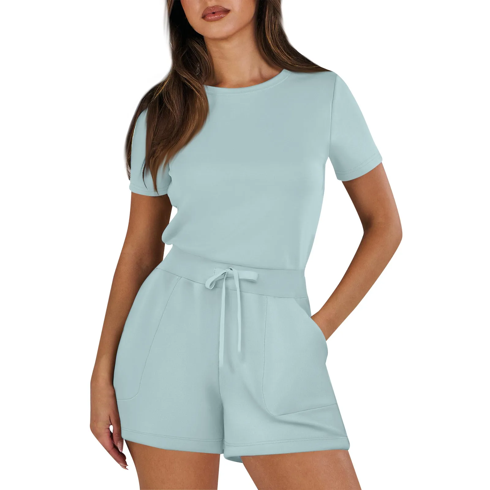 

Women'S Shorts Jumpsuits Summer Casual Solid Crewneck Short Sleeve Tops Drawstring Rompers With Pockets Daily Sports Jumpsuit