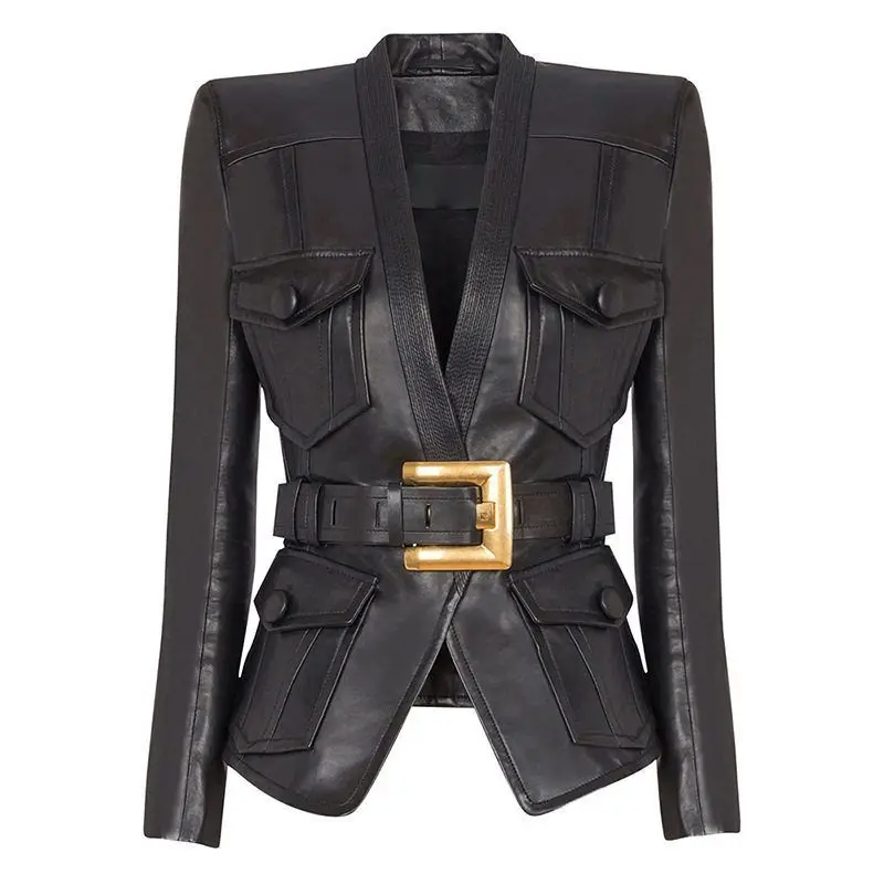 

Fashionable Belted Slim Fit Leather Jacket Coat Early Autumn New Style Celebrity Endorsed Outerwear Short Length PU Material