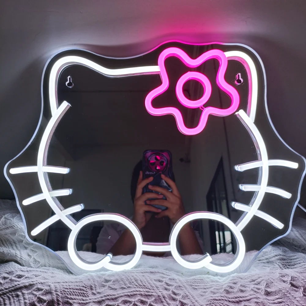 Anime Hello Kitty Mirror Neon sign Dimmable Led Neon for Dresser indoor Room Decor Wall Mirror Neon Light Kid Girl Gifts