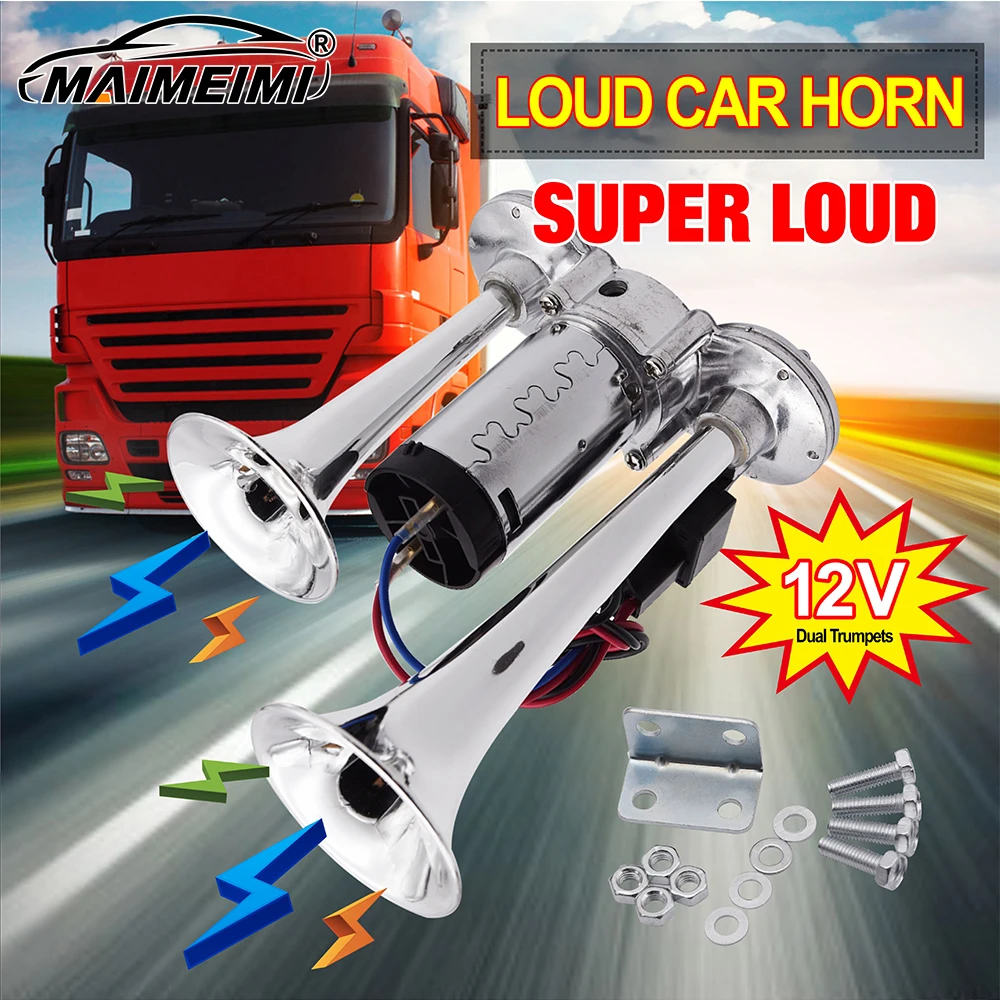 

Horn 12V Super Loud Car Electric Horn Dual Trumpets Loudspeaker With Air Compressor Motorcycle Metal Double Tube Air Train Horn