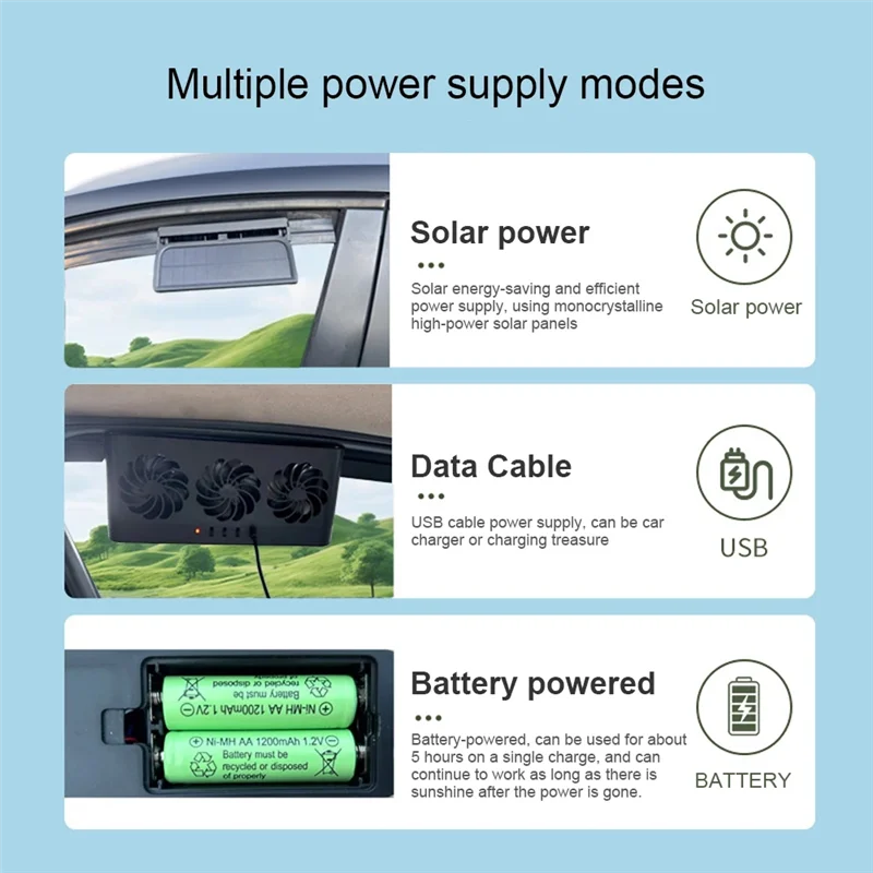 

USB Powered Auto Car Window Air Vent Fan Solar Powered Radiator Cooling Fan With 3 Air Outlets Automotive Ventilation Fan