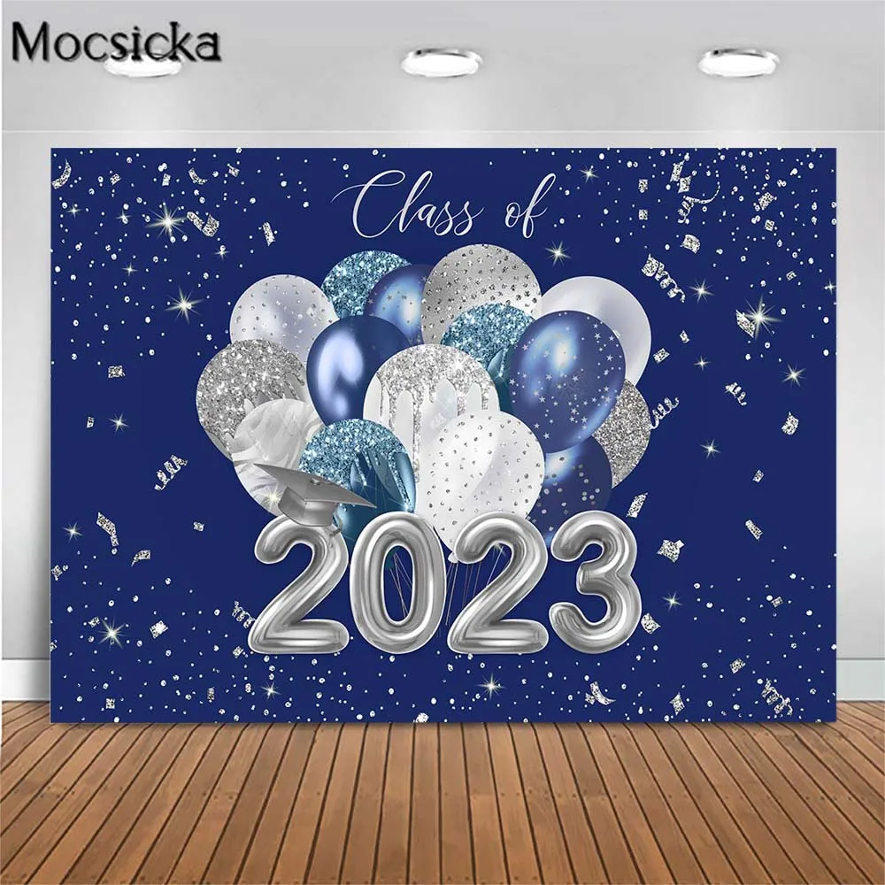 

Mocsicka Royal Blue 2023 Graduation Backdrop Silver Glitter Balloon Congrats Grad Party Decor Class of 2023 Graduates Background