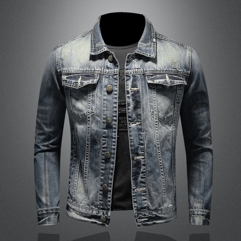 

Мужская джинсовая куртка Slim Fit, винтажный синий цвет, молодежная модная верхняя одежда, универсальная повседневная хлопковая куртка на пуговицах с длинными рукавами
