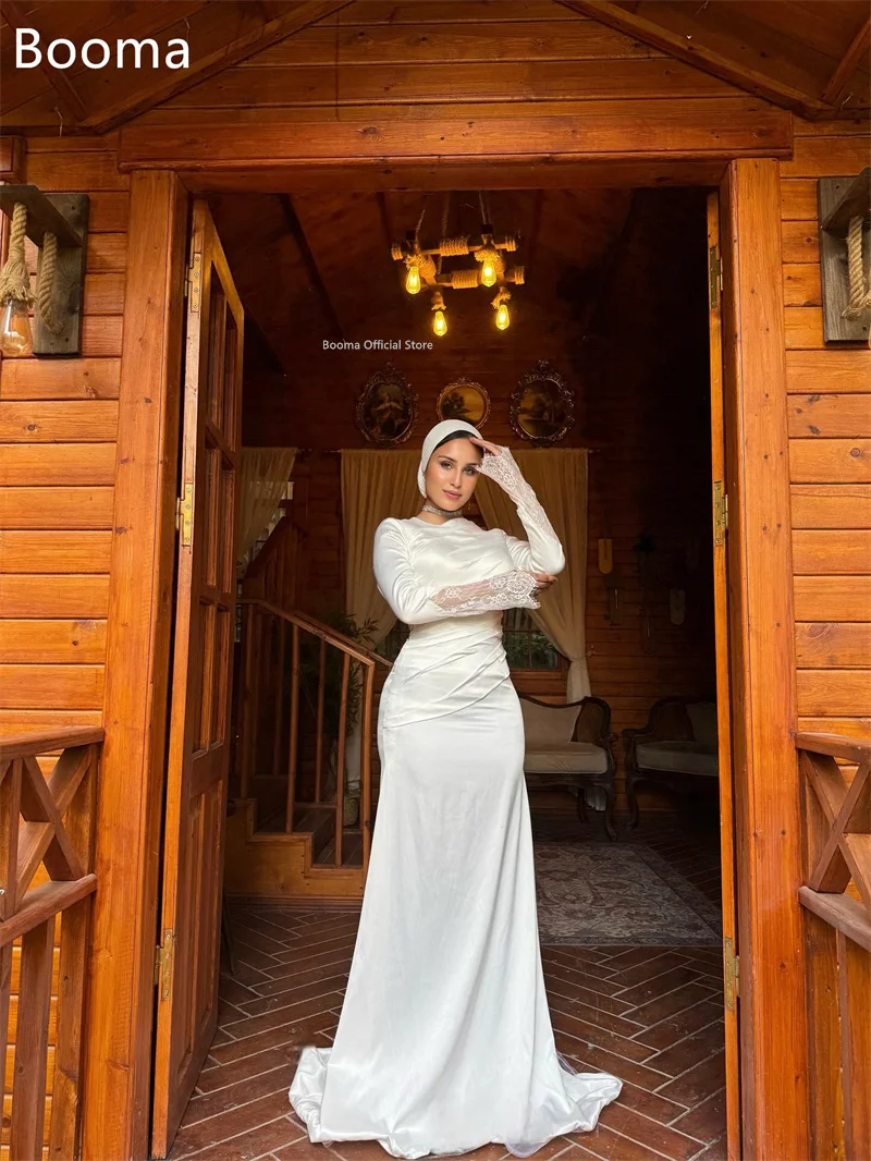 Booma حورية البحر دانتيل فساتين زفاف طويلة مطوي طول الأرض ساتان فستان عرائس أنيق المملكة العربية السعودية مصنوع حسب الطلب 2025 #2