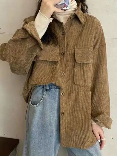 موضة جديدة ريترو تنوعا معطف واحد الصدر طوق سروال قصير قميص طويل الأكمام المرأة الأعلى #5