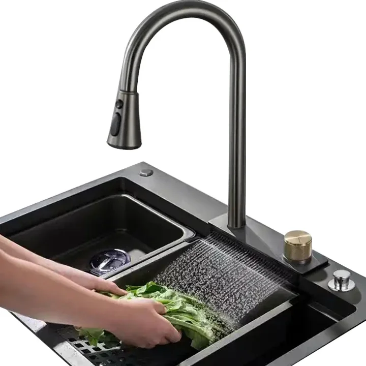 Waterfall Kitchen Sink Set , Stainless Steel Sinks Big Single Bowl with Dish Rack, Under Mount,Easy to flush, Home