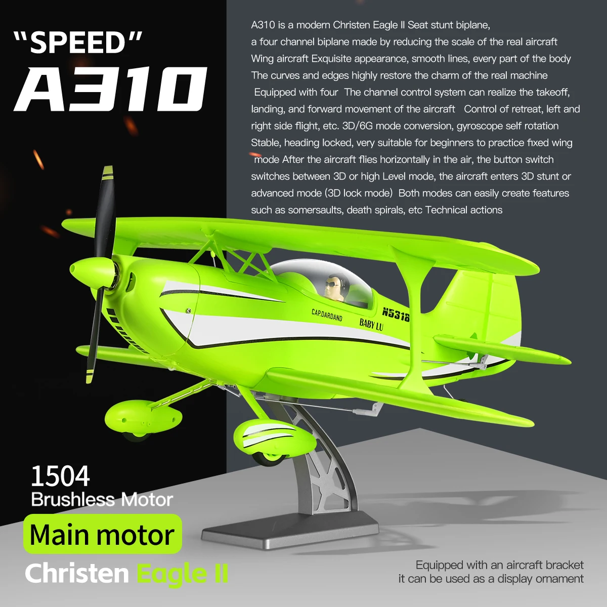 A310 Quadcopter RC Airplane 3D/6G Beech D17S Biplane High Simulation Brushless Motor for Boys Real Machine Portrait Gift Toy