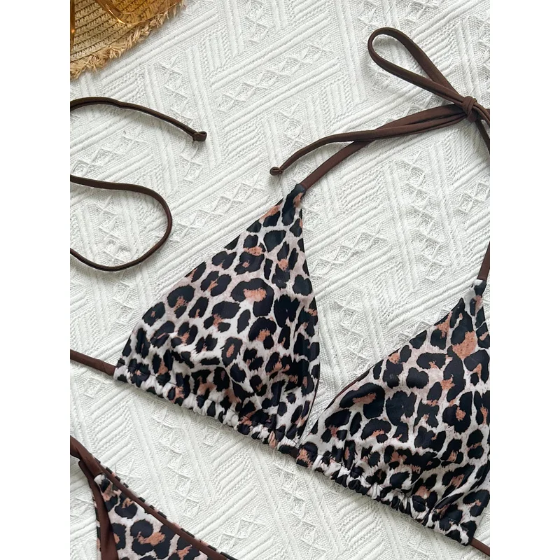 JEWELRY SEN Women 2‑Piece Leopard Print Bikini Set Halter Tie‑Up Triangle Top Side‑Tie Bathing Suit Beach Swimwear
