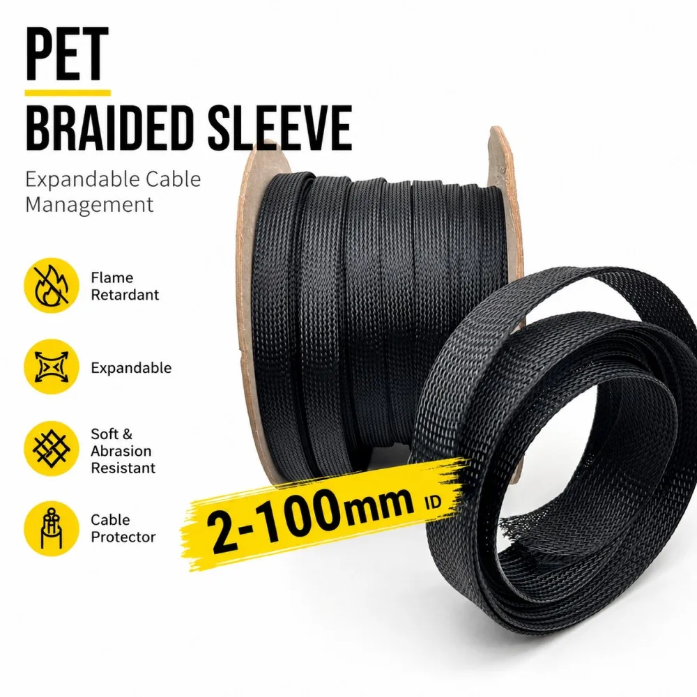 PET Insulated Expandable Braid Sleeving ID 2mm-100mm  PET Wire Cable Protection Cable Sleeve Flame Retardant NylonTube Black