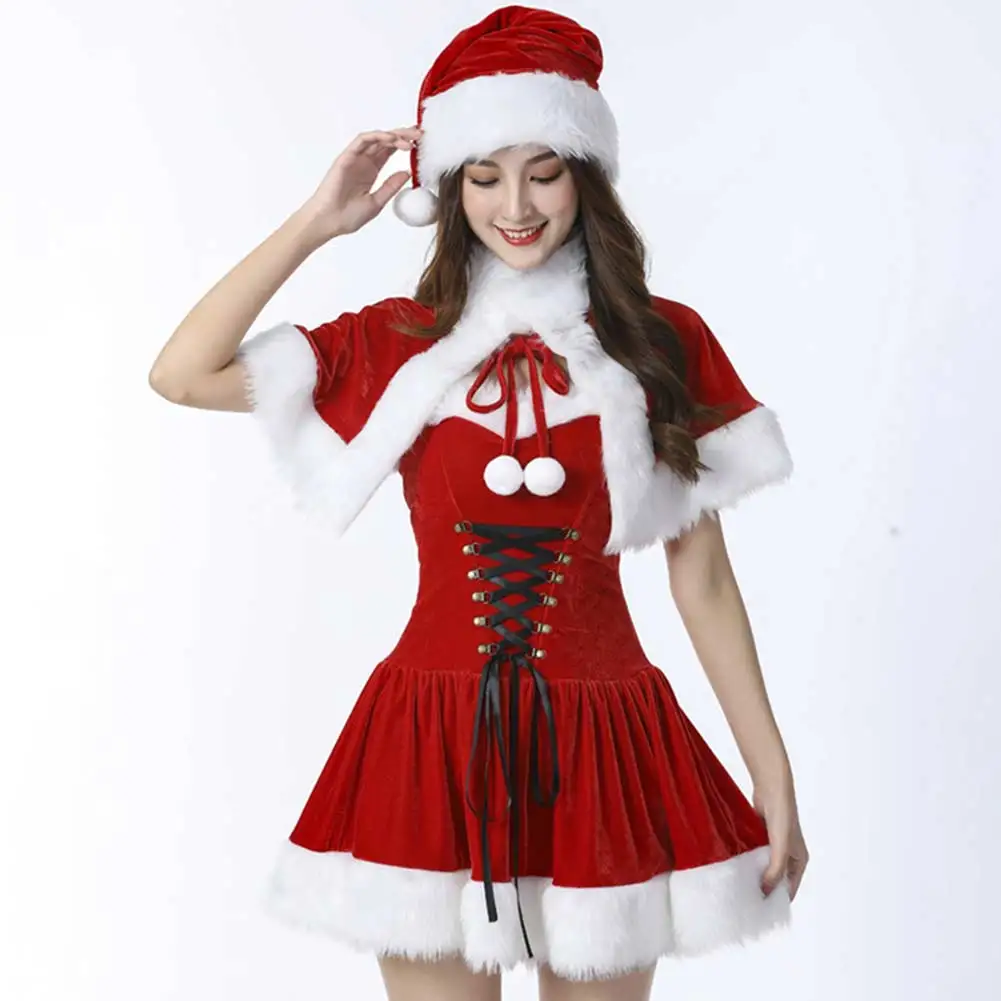 Christmas Santa Cosplay Costume Female Girls Fantasia Red Dress Cope Hat Roleplay Disguise Outfits Halloween Roleplay Suit