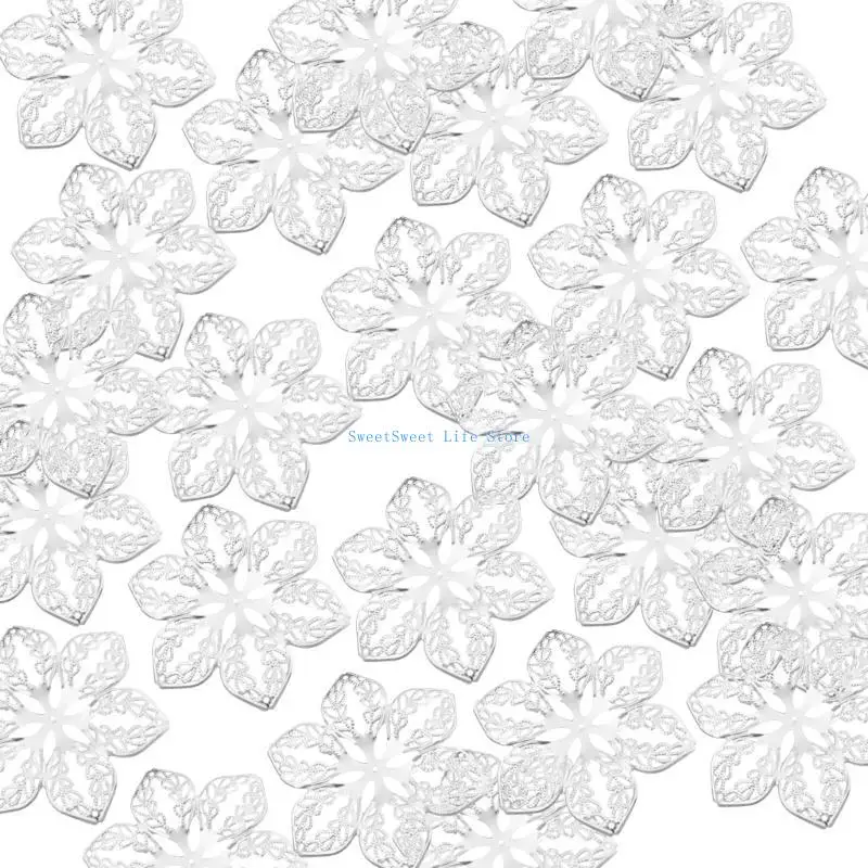 

D5QB Set of 100 Hollow Filigree Flower Wraps Metal Craft Embellishments for Headwear