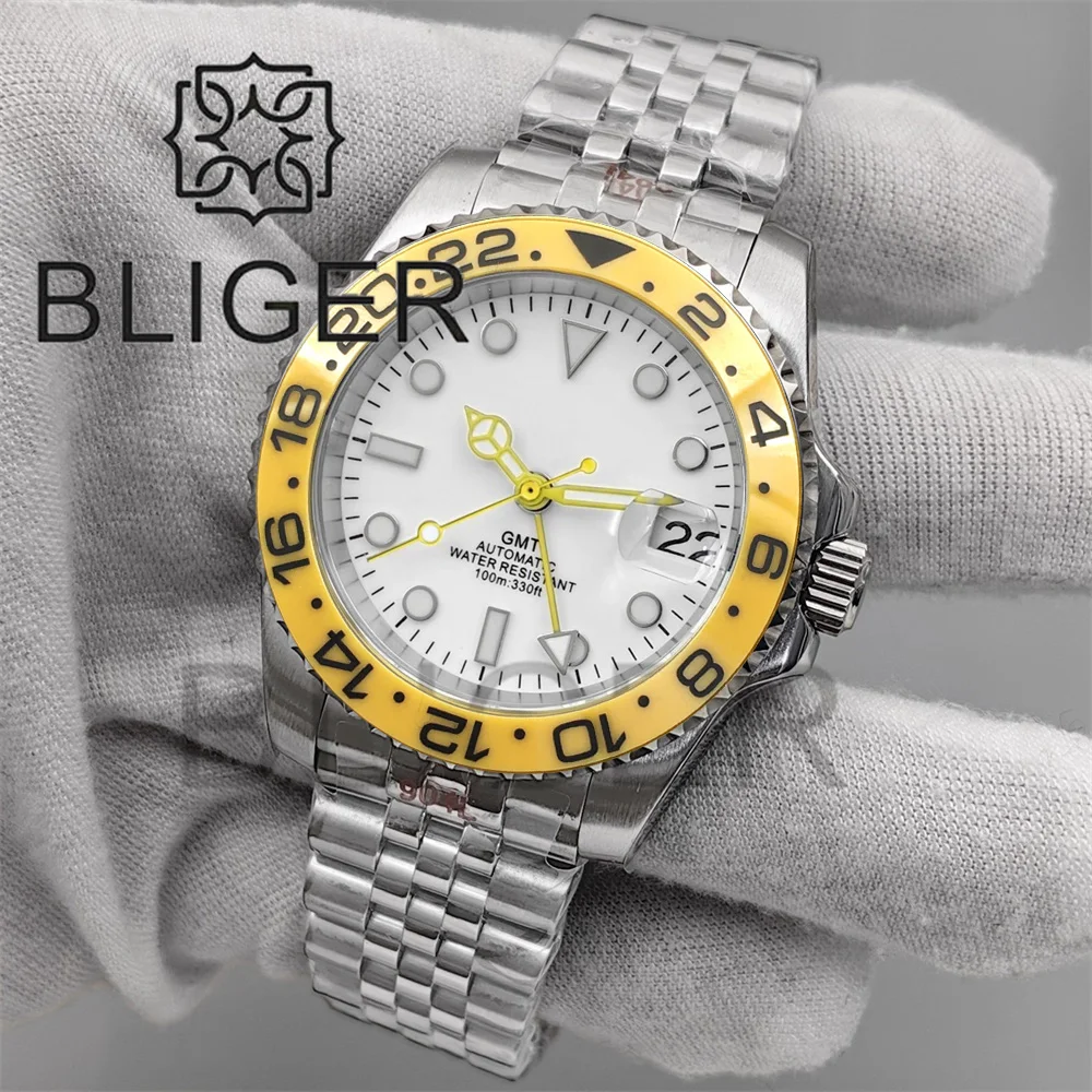 BLIGER 40mm Yellow NH34 GMT Mechanical Men Watch 24 hours Black Yellow Ceramic Insert 10bar Waterproof Luxury Diver Clock Rejor
