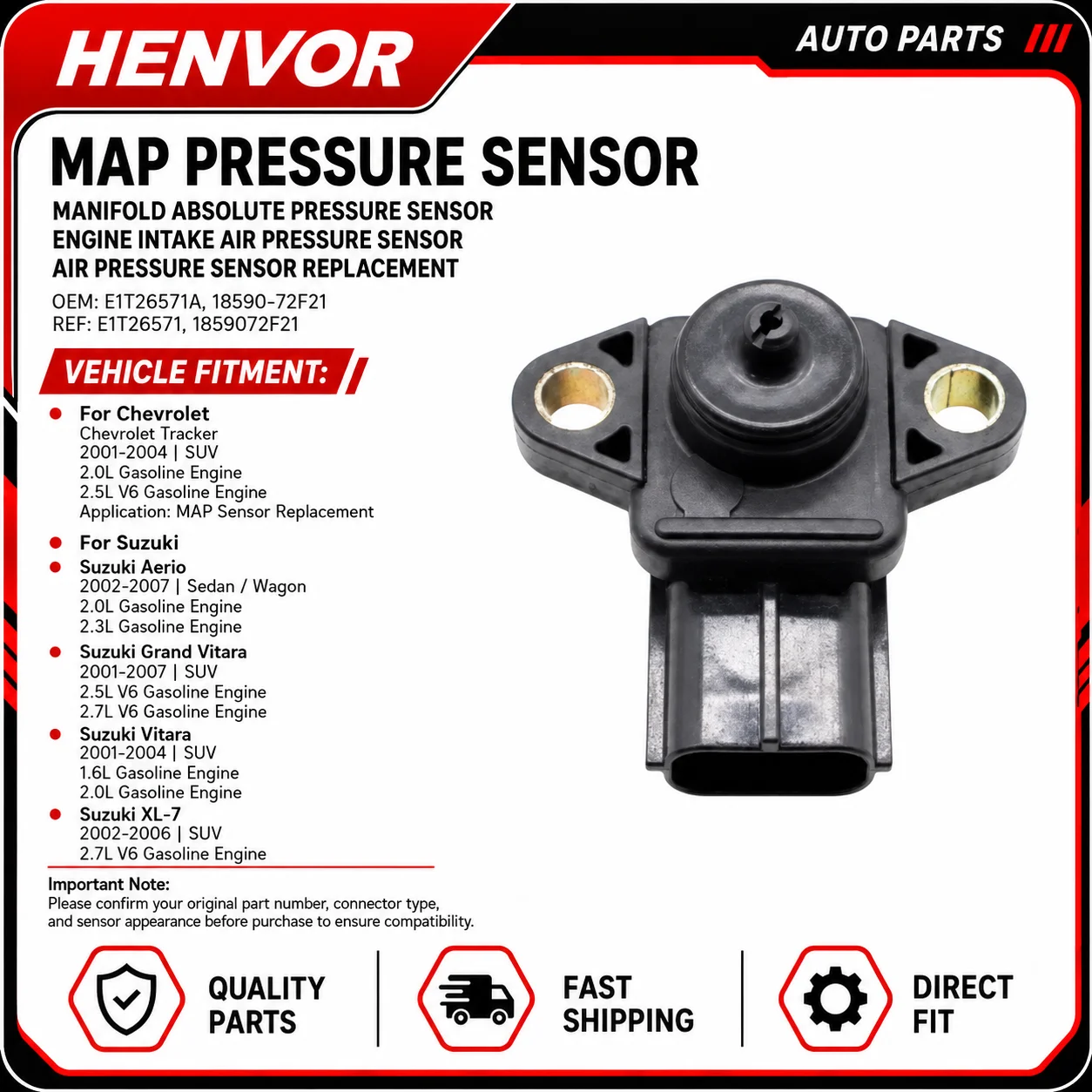 MAP Sensor E1T26571A 18590-72F21 For Suzuki Vitara Grand Vitara XL-7 Aerio Chevrolet Tracker