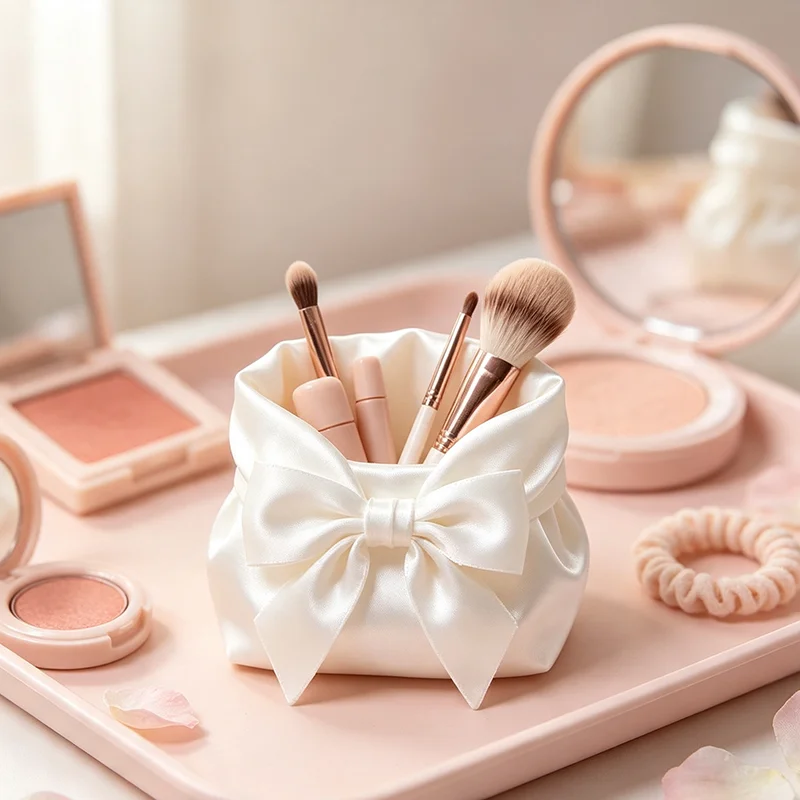 Elegant White Satin Big Bow Makeup Brush Holder 3D Print Desktop Decor Figurine Multifunctional Cosmetic Tool Storage Pot