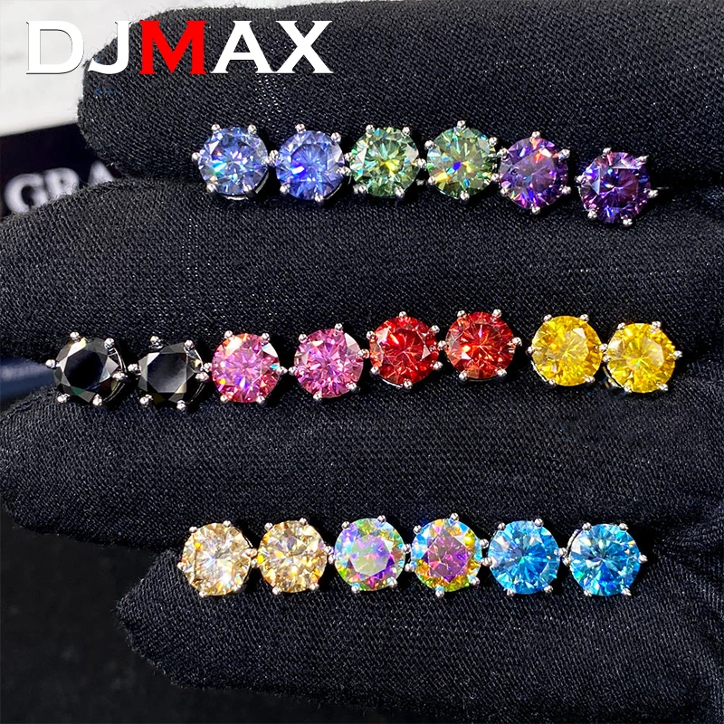 DJMAX 0.5-2ct Colorful Moissanite Diamond Stud Earrings for Women Orginal 925 Sterling Silver Sparkling Moissanite Studs 2024