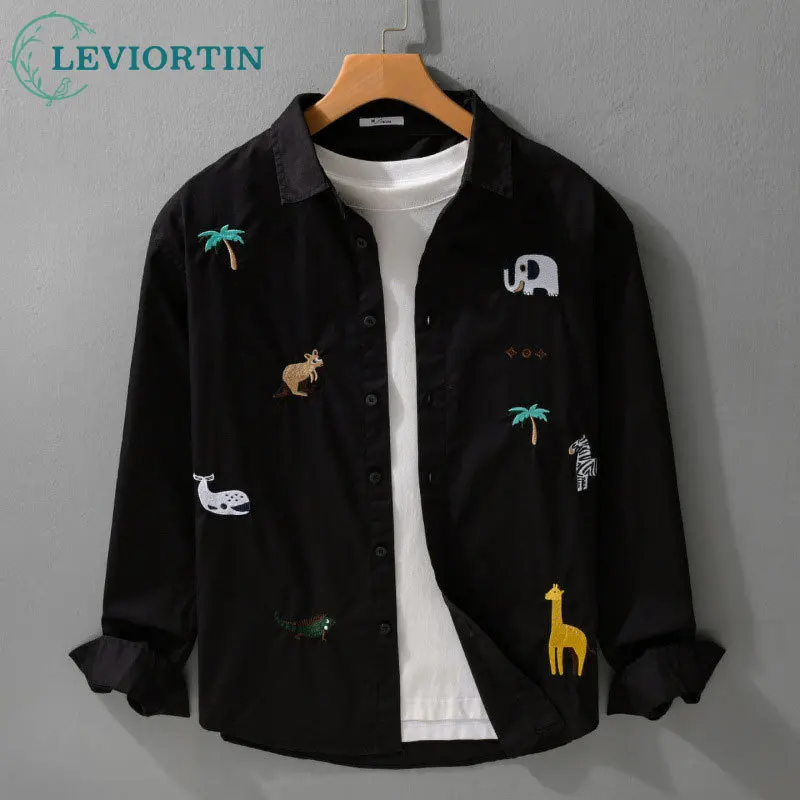 Men's new fashionable and comfortable long sleeved shirt, fresh, natural, exquisite embroidery, versatile and handsome top