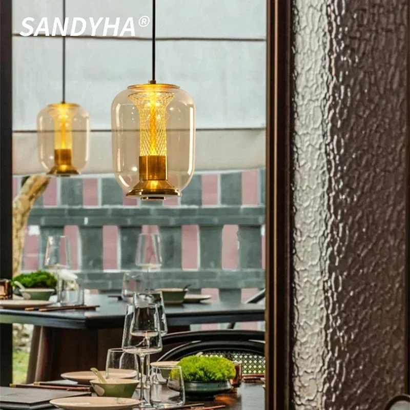 

SANDYHA Modern Minimalist Glass Pendant Light Kitchen Dining Living Room Chandelier Bedroom Bedside Lamp Home Decor Lighting