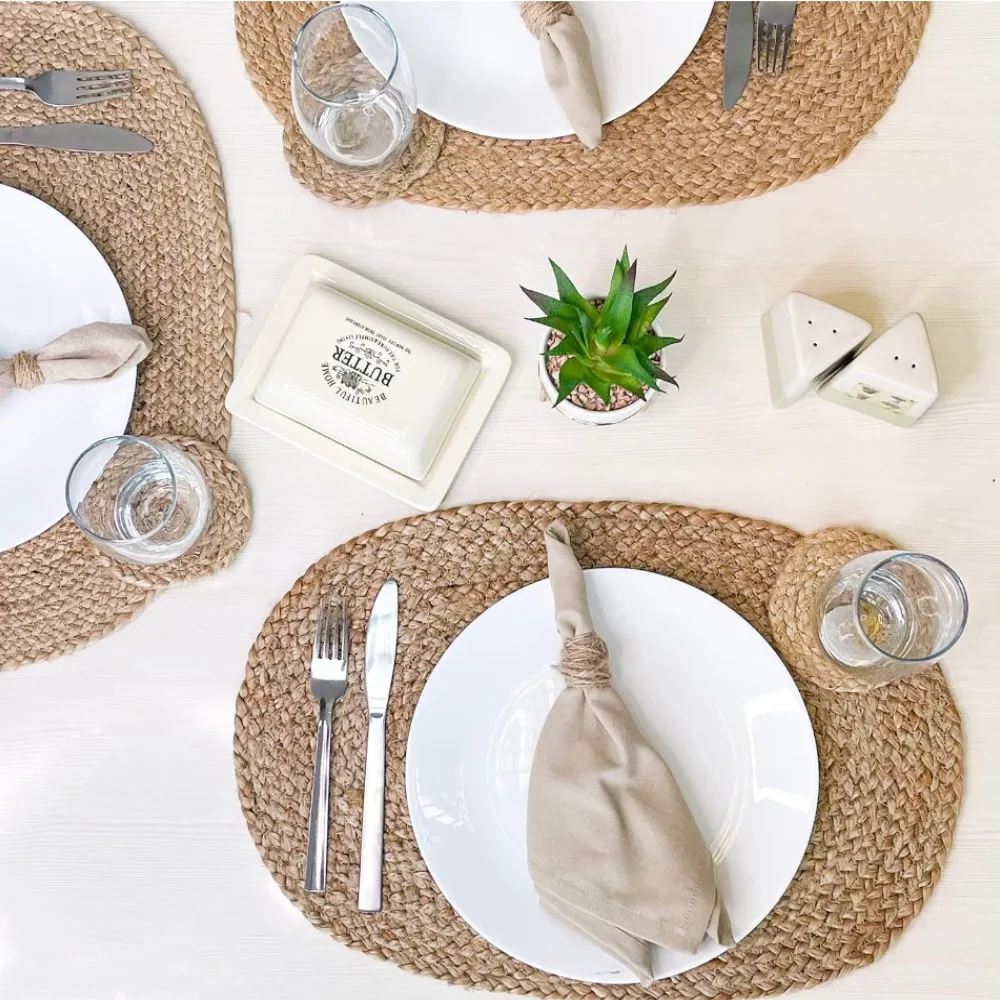 1/2/4Sets Domestic Jute Braided Oval Placemat and Coaster Set Handmade Weaving Dinner Table Mat Linen Grass Anti-scald Plate Mat