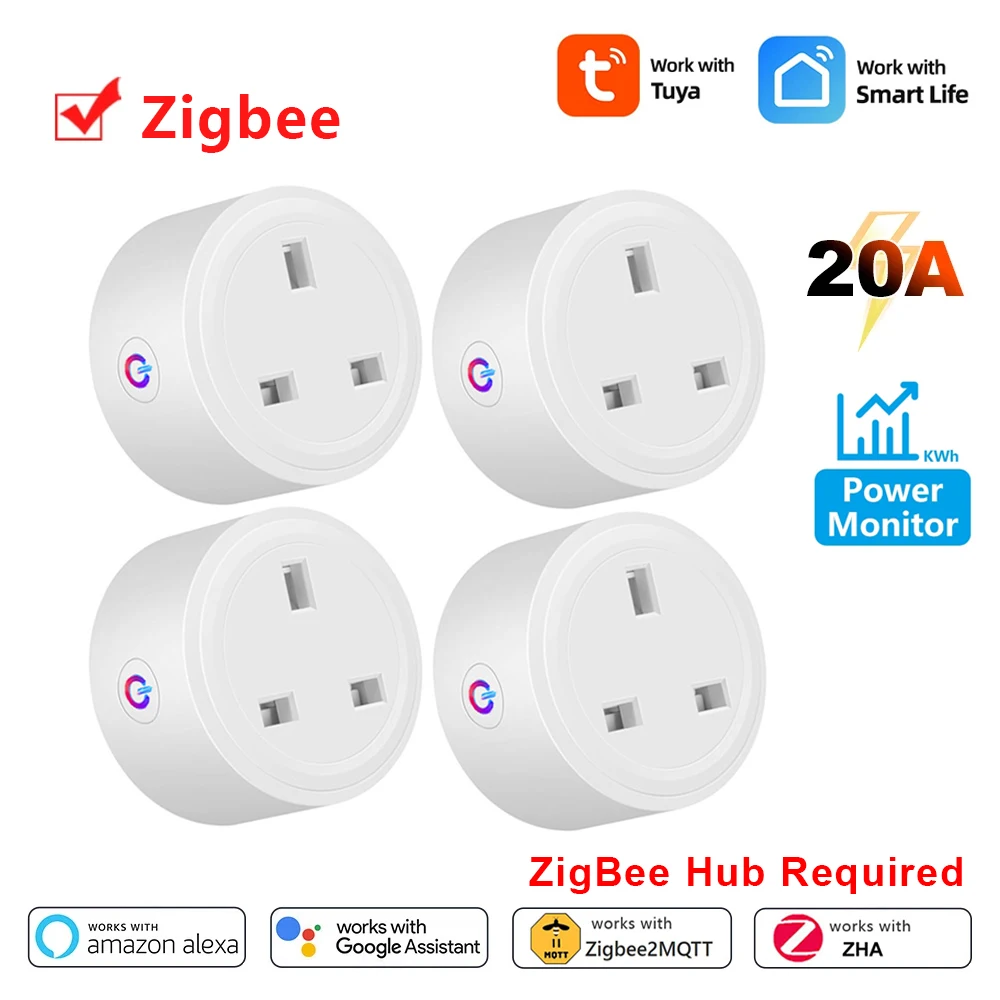 20A Tuya Zigbee Socket Smart Plug UK Adapter Home Outlet with Energy Monitor Timer Voice Alexa Google Home Work with ZigBee Hub