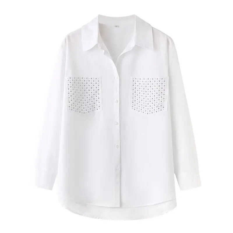 قميص حريري فضفاض للنساء صيف 2025 بتصميم عتيق مزين بالمسامير متعدد الاستخدامات بأكمام طويلة وأزرار بلون واحد #1