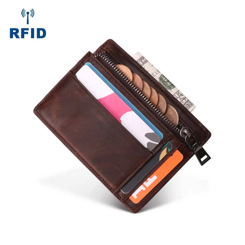 RFID bolsa de couro genuíno, multi-funcional cartão de identificação caso, bolsa moeda, zíper carteira pequena, vários slots