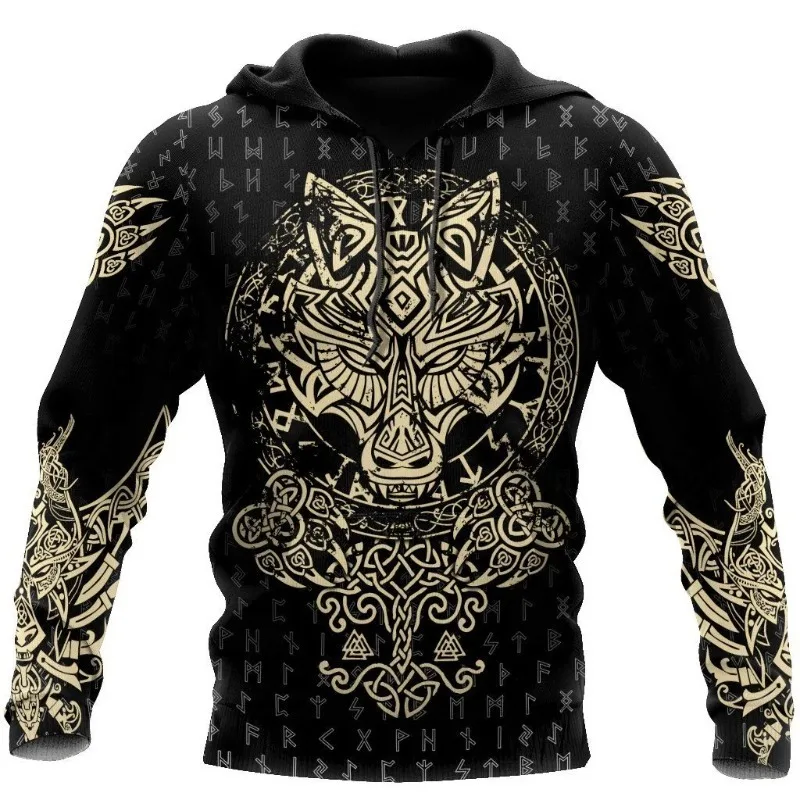 

2025 New 3D Viking Harajuku Printed Pullover for Men Hooded Sweatshirt Oversized Retro Men's Clothing, Autumn Long Sleeved