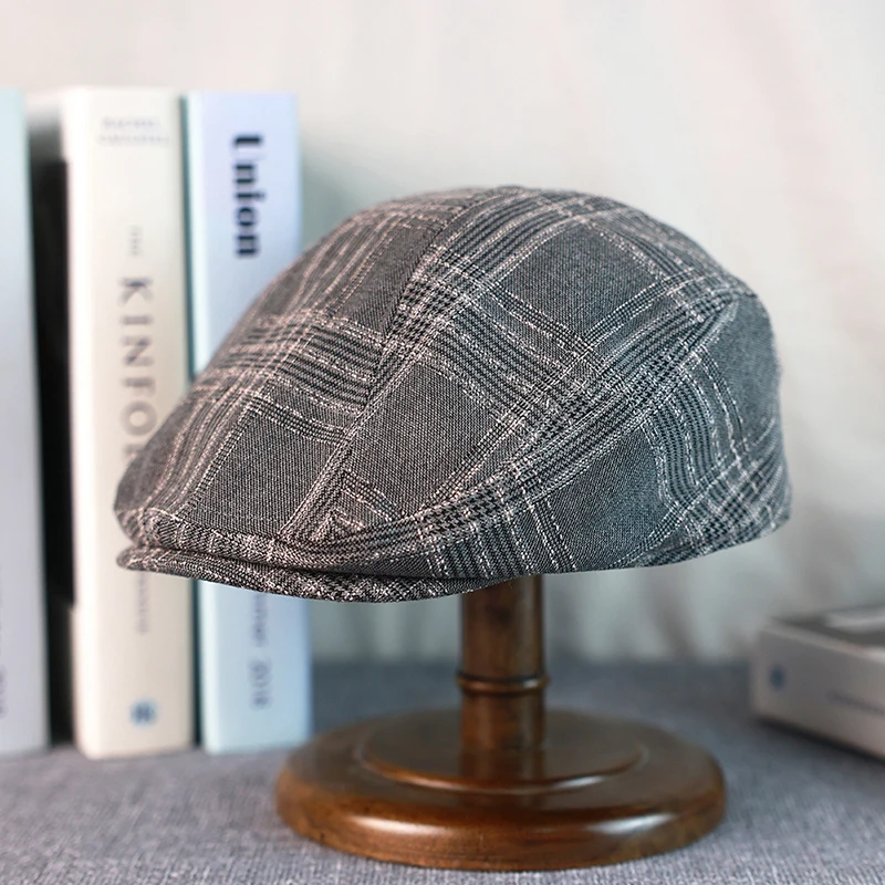 Gray Plaid Newsboy Hat Linen Cotton Womens Mens Ivy Cap Cabbie Driver Hat Spring Autumn Flat Hats Vintage Gatsby Beret A-33