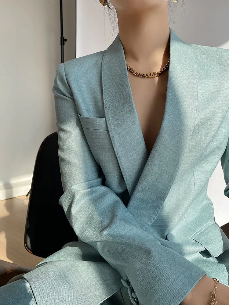 Terno azul slim fit Jaet feminino outono novo Sle Qingguo gola cintura cinched carreira usar conjunto de terno de emagrecimento commute Sle P...