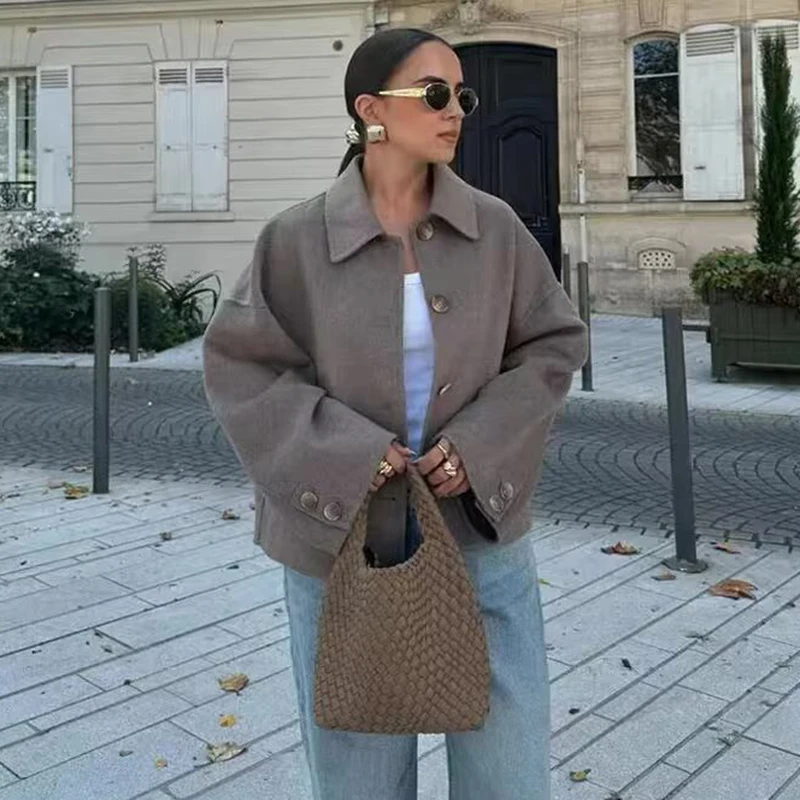 

Casual Solid Single Breasted Wool Jacket Women Chic Lapel Long Sleeve Pleated Pocket Loose Coats Autumn High Street Overcoat New