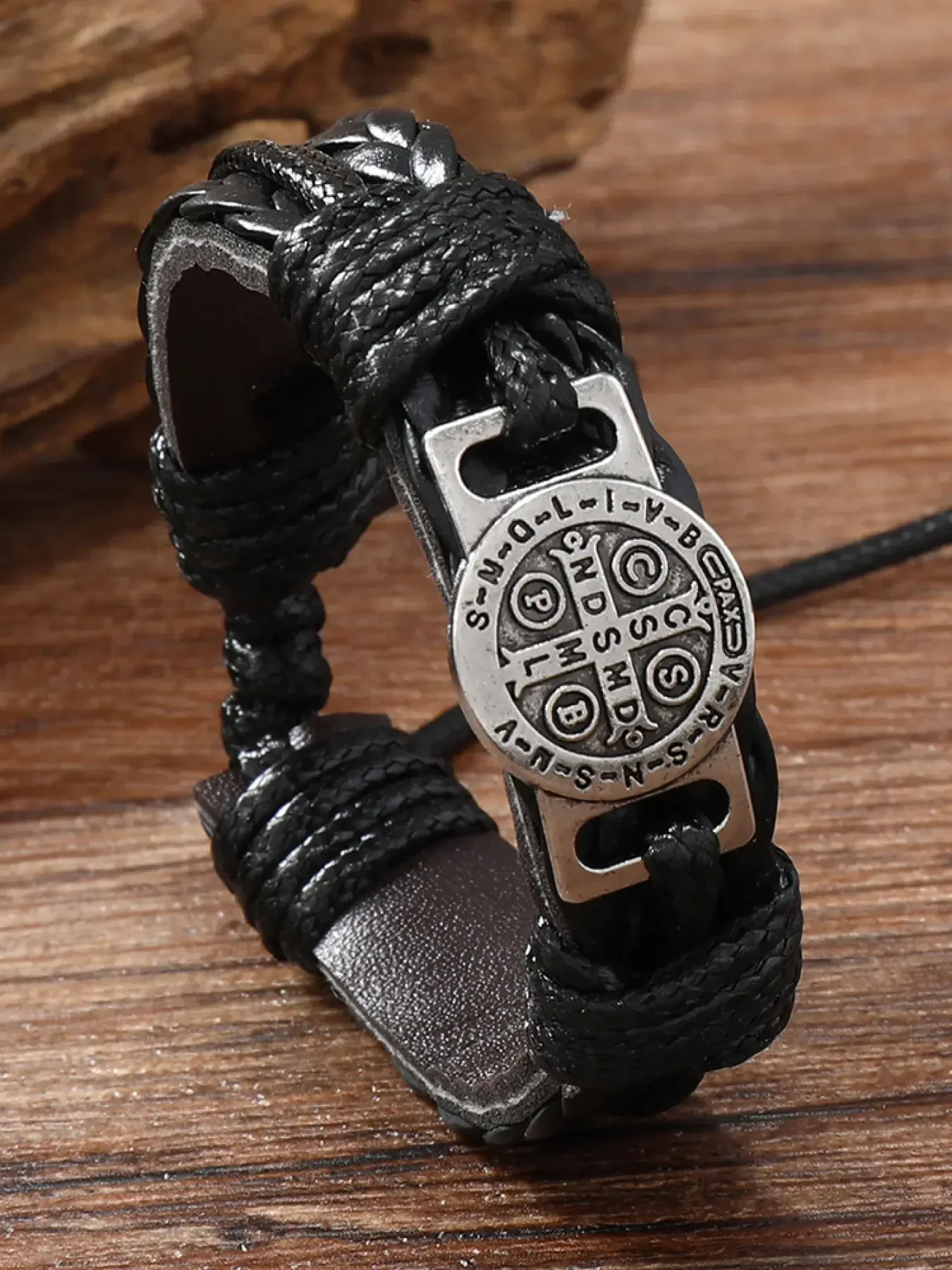 Leather Braided Bracelet Set, Artificial Leather Stackable Bracelet, Boho Style Bracelet, Vintage Bohemian Jewelry with Religious Medal & Adjustable Knot Design for Men's Daily & Streetwear