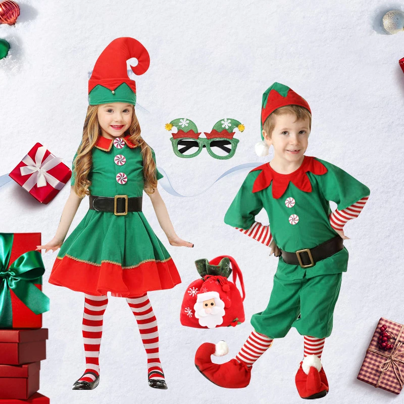 New Year Kids Santa Claus Costume Green Elf Cosplay Christmas Carnival Party Fancy Dress for Girls Boys Green Xmas Clothes Set