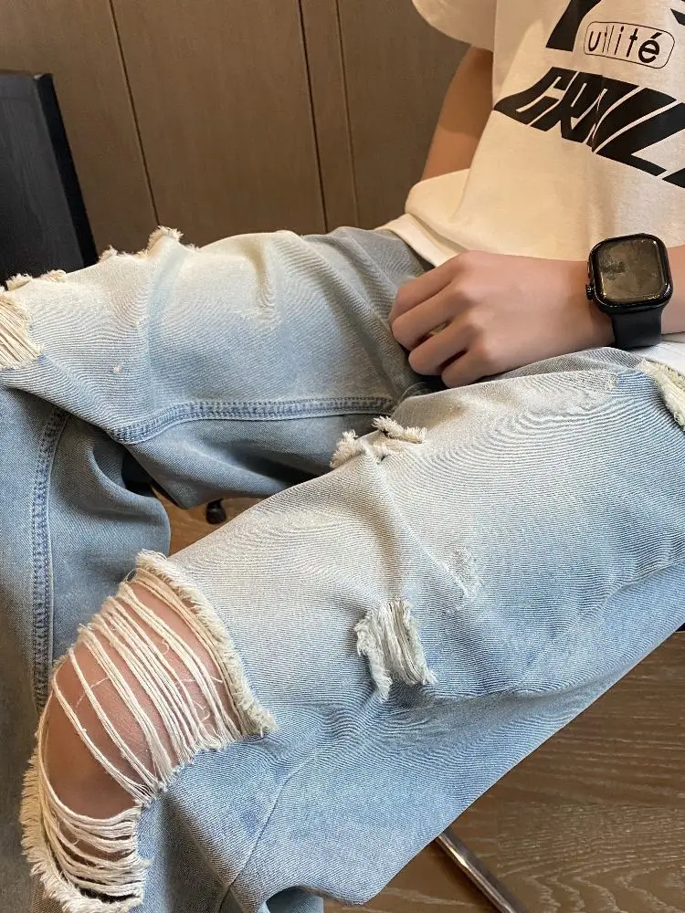 

Рваные тонкие мужские джинсы из ледяного шелка, летние, винтажные, прочные, прямого кроя, широкие штанины, в американском уличном стиле, со средней посадкой, на молнии